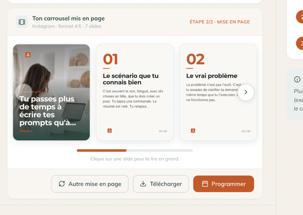 Écran de l'app Aska : mise en page d'un carrousel, texte et visuel générés