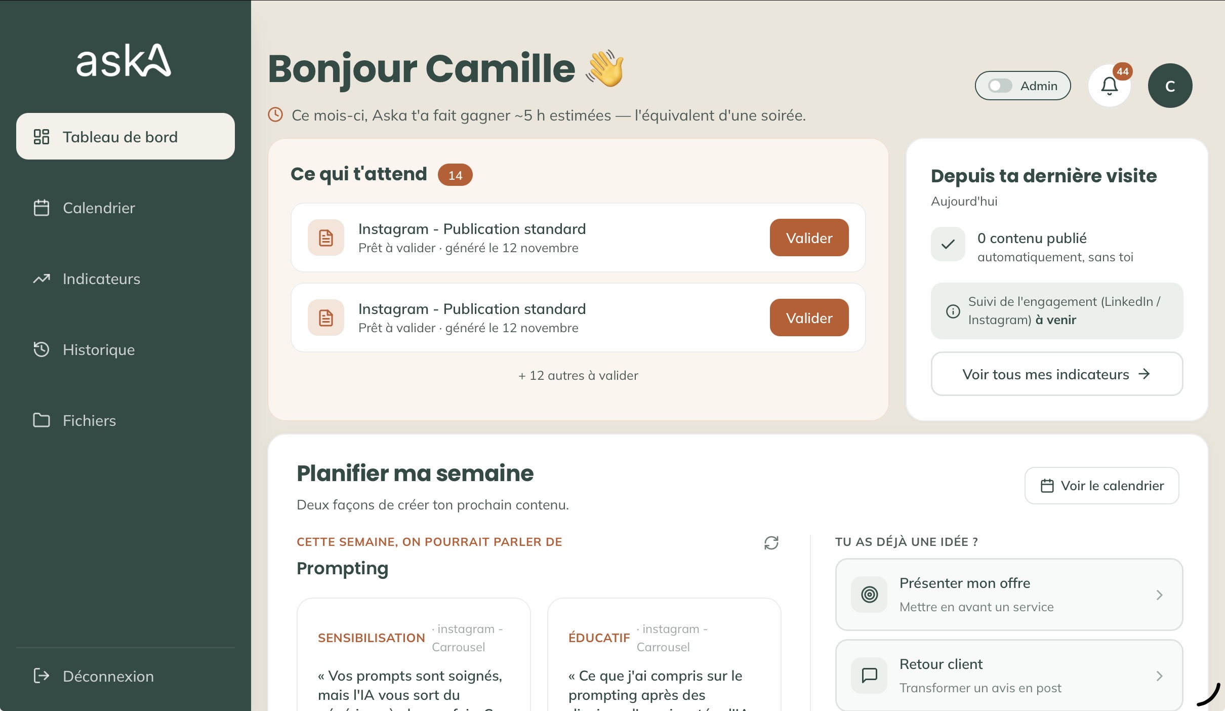 Tableau de bord de l'app Aska : les contenus prêts à valider et la semaine à planifier